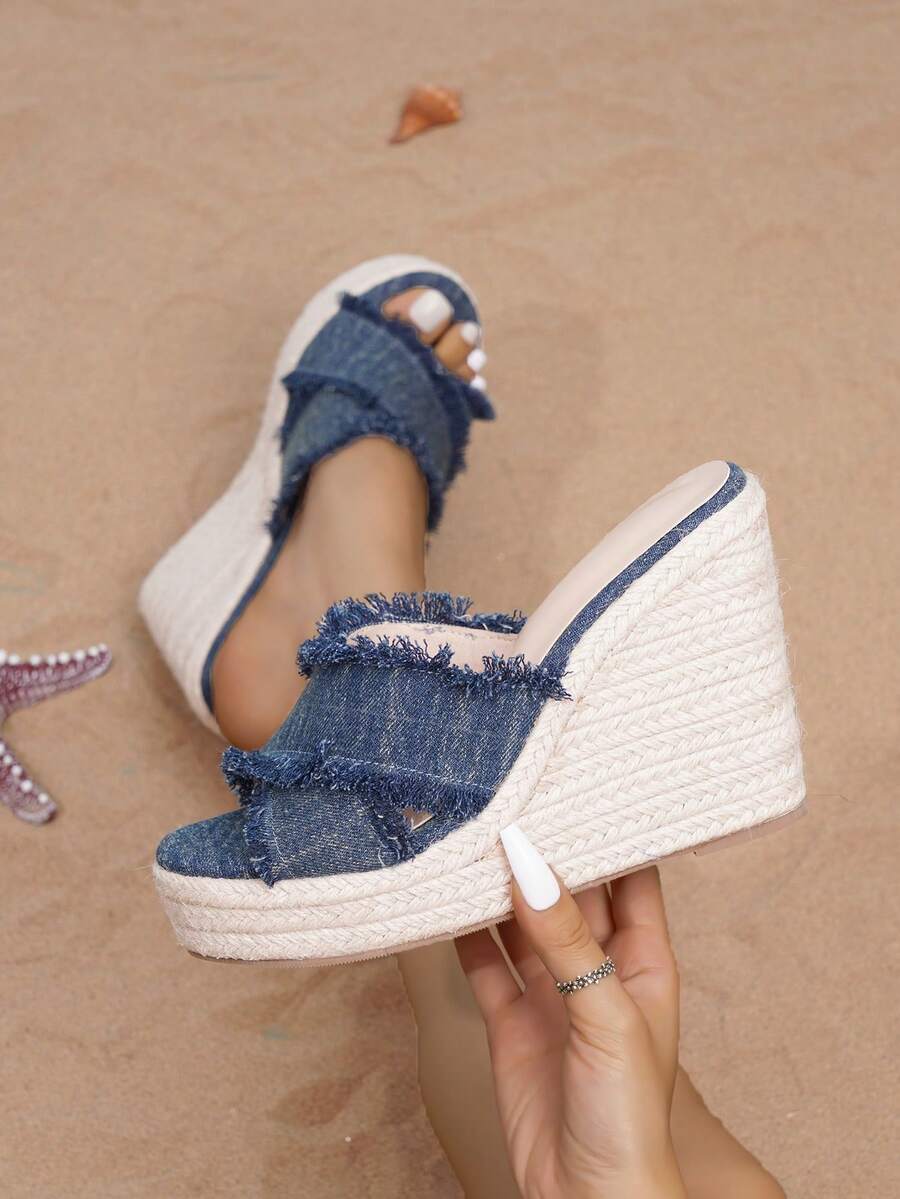 Giày sandal đế xuồng Grass Braid, giày quai đế dày, phù hợp cho thanh thiếu niên, tiệc tùng, đám cưới, mặc hàng ngày và đi nghỉ - Màu xanh lam - Xem 1