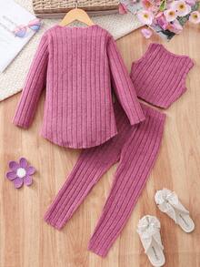 3 件套儿童女童休闲优雅针织长袖夹克和裤子保暖套装，秋冬 - 玫紅色 - 查看 2