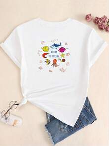 Cartoon T-Shirt Cotton Women's Blouse Babylook T-Shirt Printed Welcome To The Ocean Soft Summer Sweet Sexy Sophisticated Versatile Hot Girl Tight Elegant Comfortable - 白色的 - 查看 3