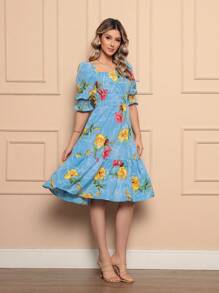 Women's Midi Dress | Crepe With Elastec L Flower L Shoulder To Shoulder. - 水鴨藍 - 查看 1
