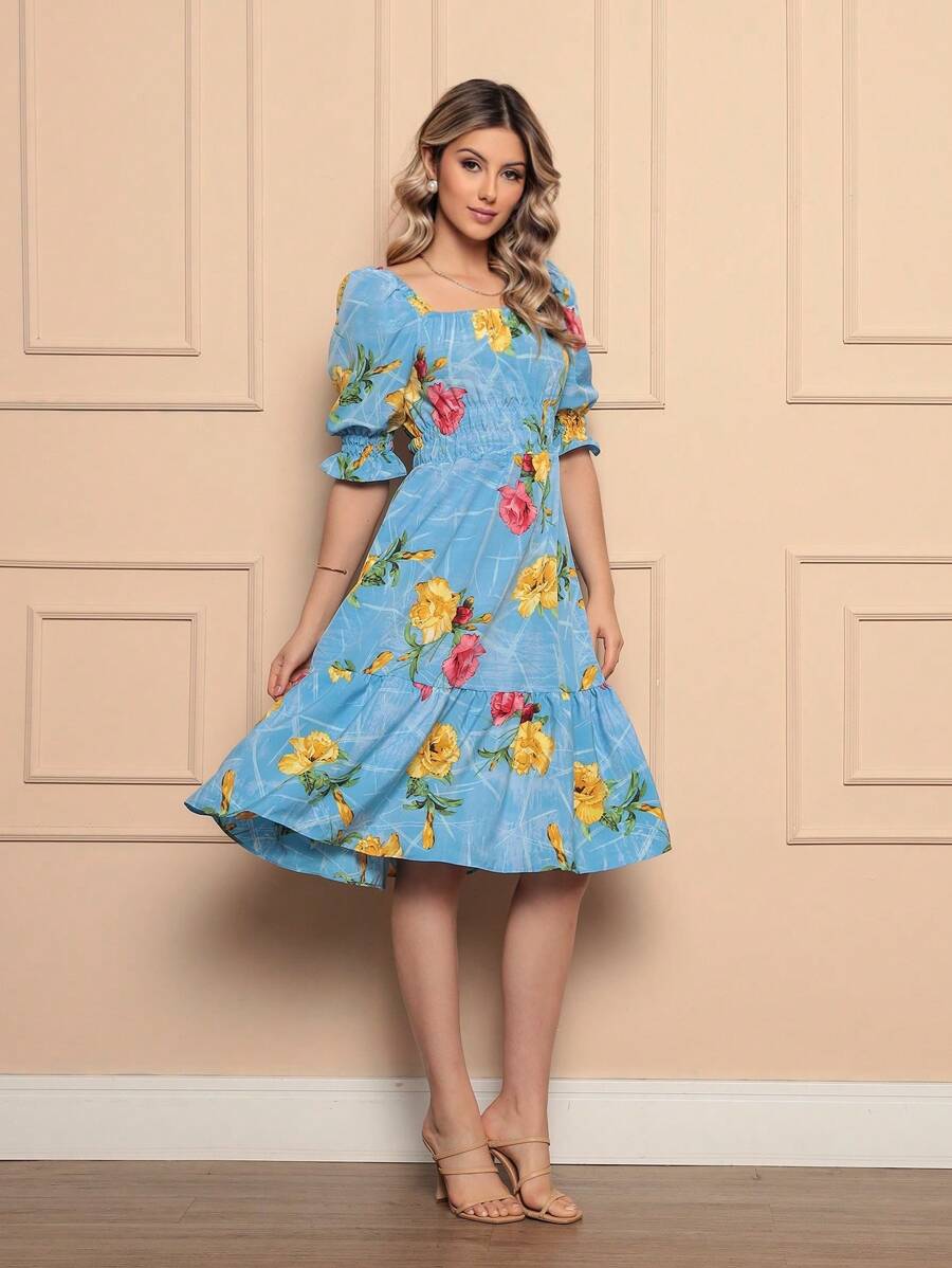 Women's Midi Dress | Crepe With Elastec L Flower L Shoulder To Shoulder. - 水鴨藍 - 查看 1