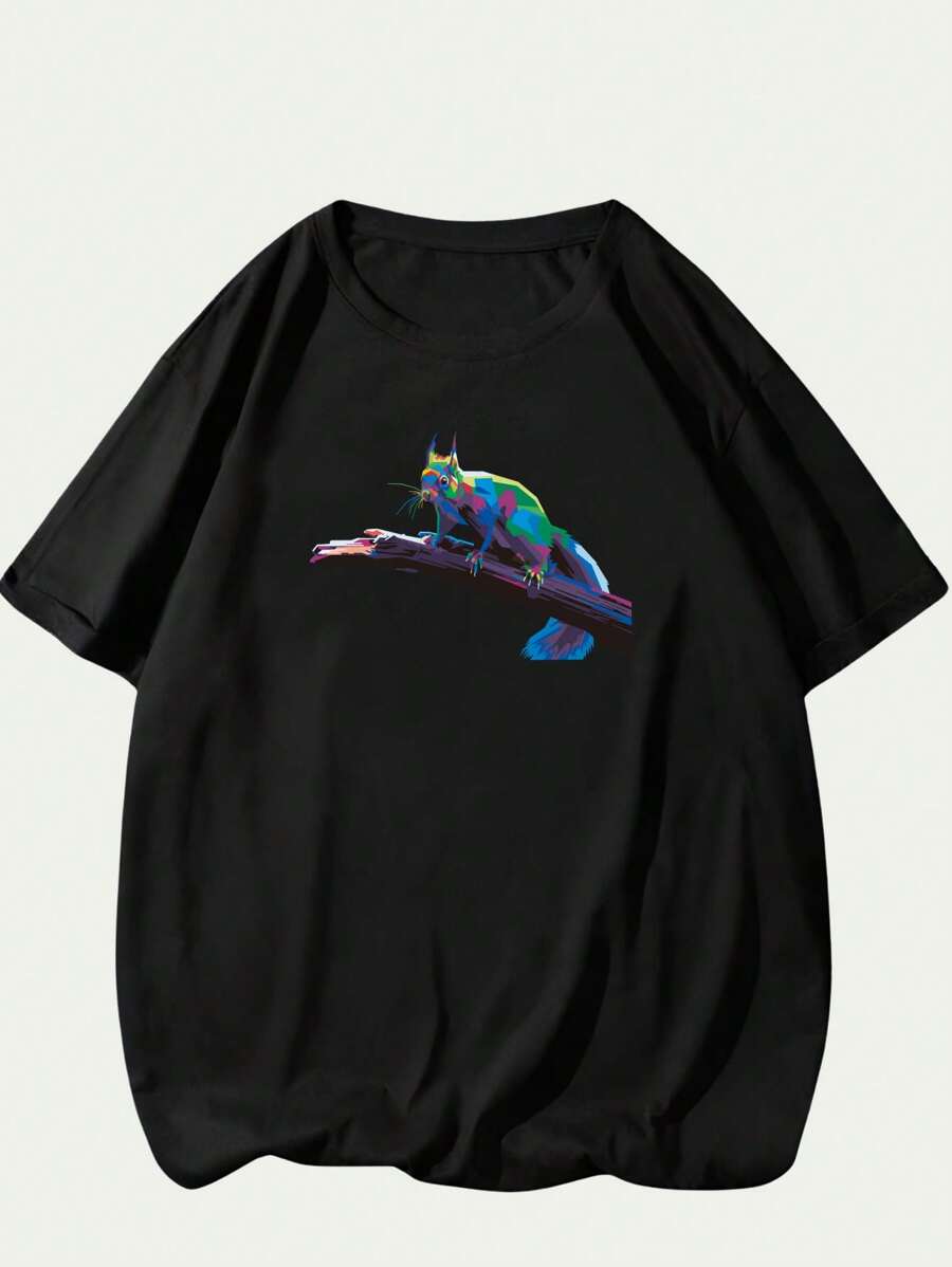 T-Shirt Loose, Versatile, Sophisticated, Modern, Breathable, Soft Printed Art Squirrel Colorful Men's Blouse T-Shirt Casual Fashion Premium Comfort Cotton - màu đen - Xem 1