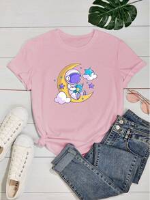 Women's T-Shirt With Cute Astronaut Sitting On The Moon - 淺粉色 - 查看 2