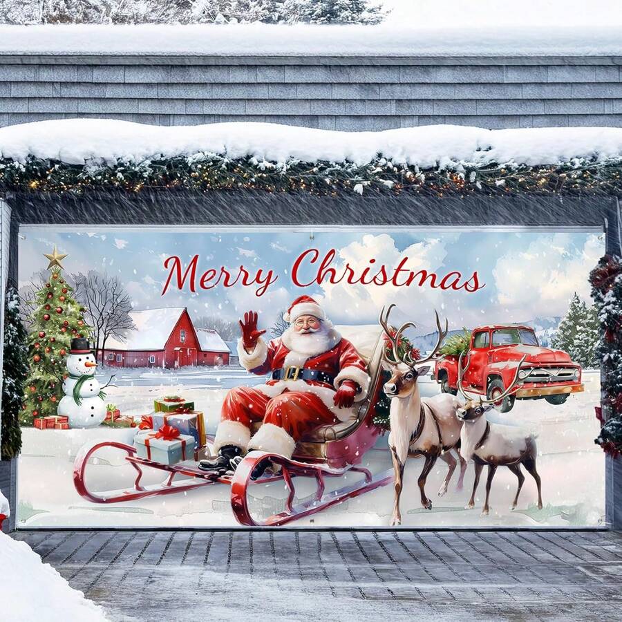 Outdoor Garage Door Christmas Decor, Oversized Rustic Santa Claus & Sleigh Reindeer Garage Door Cover, 6.5 X 13 Ft Countryside Farmhouse Winter Garage Companion For Christmas, Suitable For Wall, Patio, Yard - Multicolor - View 1