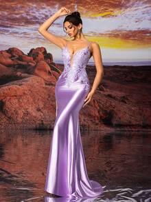 紫色吊带花卉刺绣闪亮优雅性感正式晚礼服、婚礼活动礼服、舞会晚礼服、适合婚礼嘉宾、毕业典礼