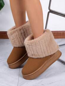 女士新款厚底圆头蓬松边雪地靴，休闲保暖百搭 - 棕色 - 查看 7