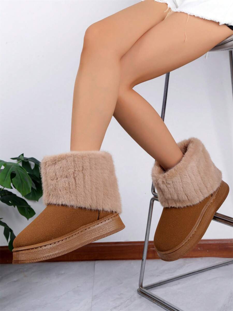 女士新款厚底圆头蓬松边雪地靴，休闲保暖百搭 - 棕色 - 查看 1