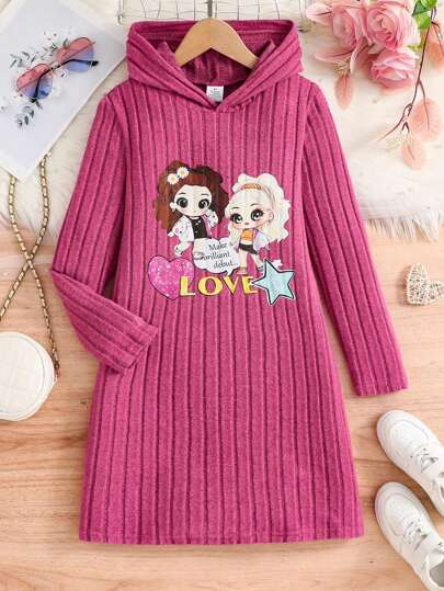 Vestido de manga comprida com capuz listrado e canelado para meninas, moda outono, vestidos casuais de comprimento médio com estampa de desenho animado para adolescentes, uso diário, atividades ao ar livre, festas e roupas esportivas fofas para crianças