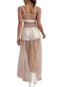 Women Cover Up Dress, Sleeveless Square Neck Beach Holiday Sequined Split Midi Beach Smock - Carne en polvo - Ver 4