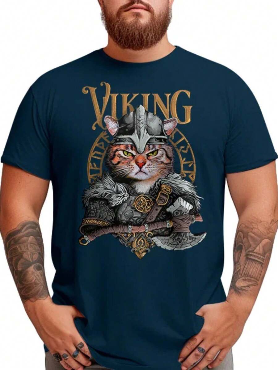Viking Cat T-Shirt Viking Cat Drawing Movie Series Blouse Shirt Unisex 100% Cotton New Release Shipping Various Colors!! PLUS SIZE - 藏蓝色 - 查看 1