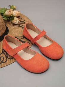 加大码 36-43 系带玛丽珍平底鞋，橙色绒面低帮日常穿着舒适休闲女鞋，春秋季 - 橘色 - 查看 6