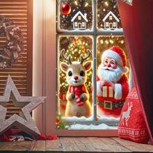 圣诞欢乐窗饰海报，适合室内/室外使用，47x31 英寸圣诞老人和驯鹿窗贴，非常适合圣诞派对装饰 - 彩色 - 查看 5