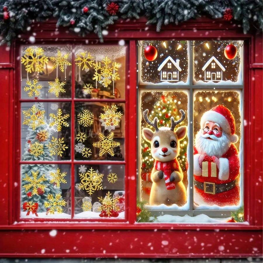 圣诞欢乐窗饰海报，适合室内/室外使用，47x31 英寸圣诞老人和驯鹿窗贴，非常适合圣诞派对装饰 - 彩色 - 查看 1