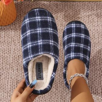 1 Pair Rabbit Fur Plaid Couple Slippers, Soft Comfortable Anti-Slip Wear-Resistant, Essential For Women In Autumn/Winter