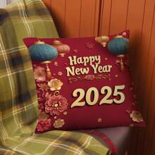 1 个 17.7*17.7 英寸 (45*45 厘米) 2025 年春节/中国新年印花枕套（单面印花），柔软桃色天鹅绒家居装饰靠垫套，适用于床、沙发、汽车，适合日常使用或奢华简约自用装饰 - 彩色 - 查看 1