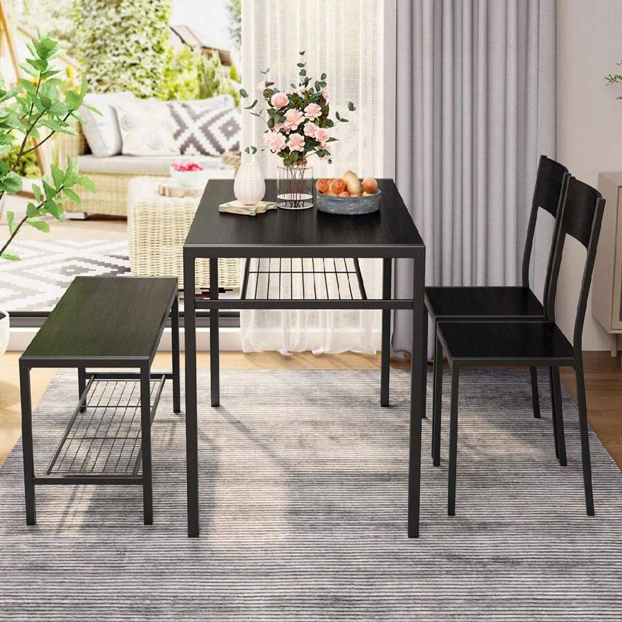 4 Pieces Kitchen Dining Table Set, Dining Table And Chairs Set With 2 Back Chairs And A Bench, Multi-Scenario Use, Can Be Used As A Dining Table, Office Table, Shelves - 黑色 - 查看 1