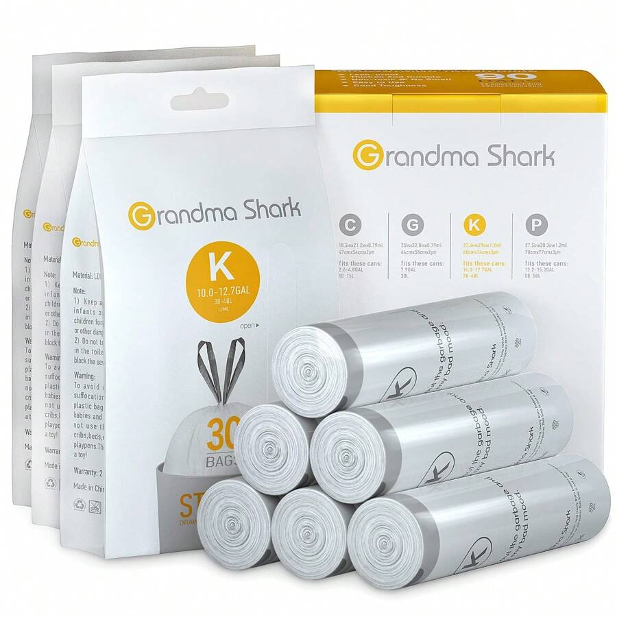 GRANDMA SHARK Bin Bags Liners Drawstring Trash Bag, Handle Waste Bags, Garbage Bag, Super Strong, Anti-Drip Unscented