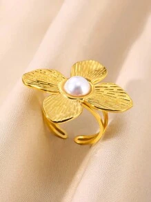 1 件装女士不锈钢花朵戒指镀金仿珍珠开口可调节戒指美观大方珠宝礼物情人节、妈妈、母亲、母亲节、礼物 - 金黃色 - 查看 16