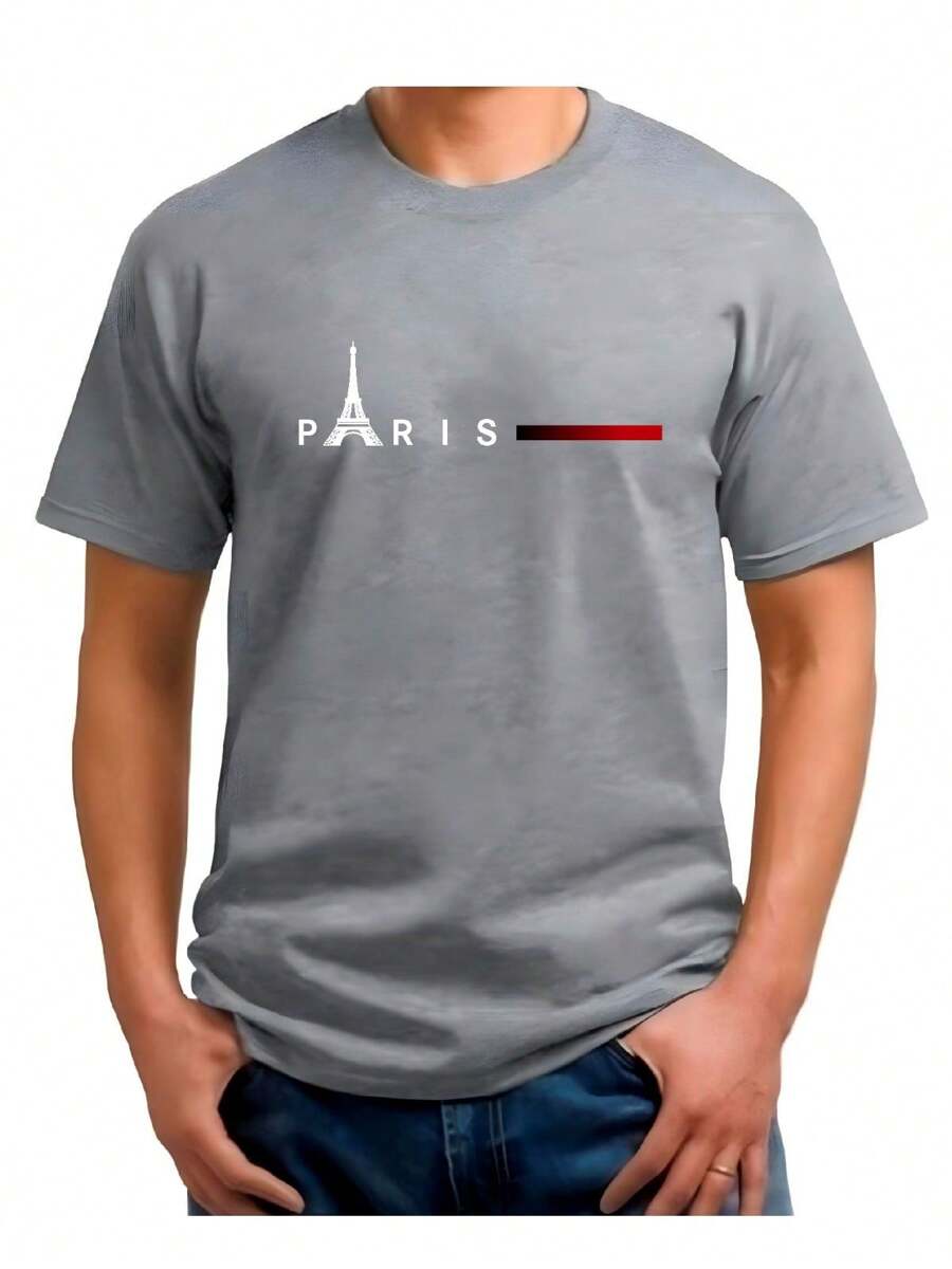 Men's Paris T-Shirt Various Colors Premium Cotton Fabric Shirt - 灰色 - 查看 1