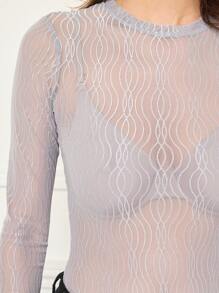 女士纯色圆领透明紧身长袖连体衣 - 灰色 - 查看 1