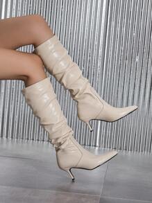 2025 New Fashion Comfortable Versatile Solid Color Pleated Slip-On High Heel Long Boots For Women, Suitable For Any Occasions