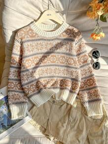 Women's New Fall And Winter Round Neck Retro Fair Isle Print Long-Sleeved Knit Sweater Loose College Style Young Fashion Simple Ribbed Sweater