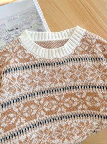 Women's New Fall And Winter Round Neck Retro Fair Isle Print Long-Sleeved Knit Sweater Loose College Style Young Fashion Simple Ribbed Sweater
