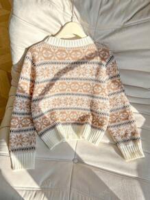 Women's New Fall And Winter Round Neck Retro Fair Isle Print Long-Sleeved Knit Sweater Loose College Style Young Fashion Simple Ribbed Sweater
