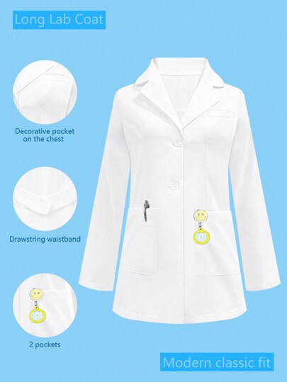 cimmuovere Bata de laboratorio de manga larga blanca, uniforme de enfermera, bata de doctor