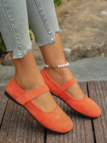 加大码 36-43 系带玛丽珍平底鞋，橙色绒面低帮日常穿着舒适休闲女鞋，春秋季 - 橘色 - 查看 4