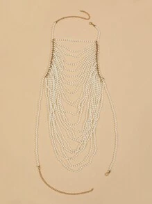 1pc Handmade Multi-Layer Faux Pearl Tassel Body Chain, Elegant Accessory For Wedding, Party Gown, Length Adjustable