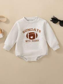 Baby Boy Baby Football Heart Embroidery Grey Bodysuit, Sports Casual Essential Outfit