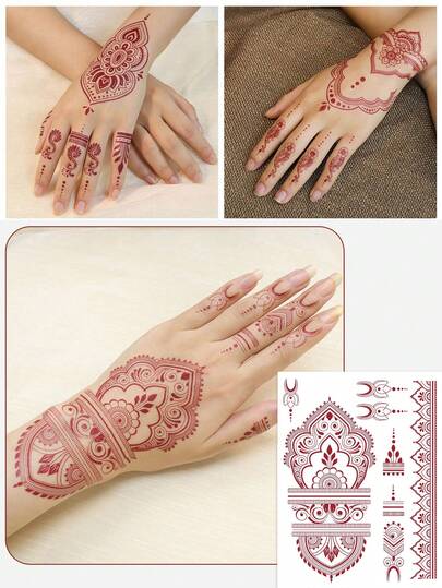 4pcs Red Henna Body Art Temporary Tattoos, Elegant Lace Mandala Pattern, Minimalist Style, Suitable For Bride's Hands, Feet, Back