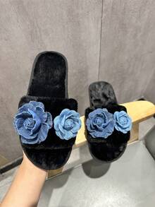 圣诞卡通可爱毛绒家居拖鞋，新款时尚平底防滑女士黑色拖鞋，适合室内和室外穿着 - 黑色 - 查看 2