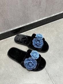 圣诞卡通可爱毛绒家居拖鞋，新款时尚平底防滑女士黑色拖鞋，适合室内和室外穿着 - 黑色 - 查看 6