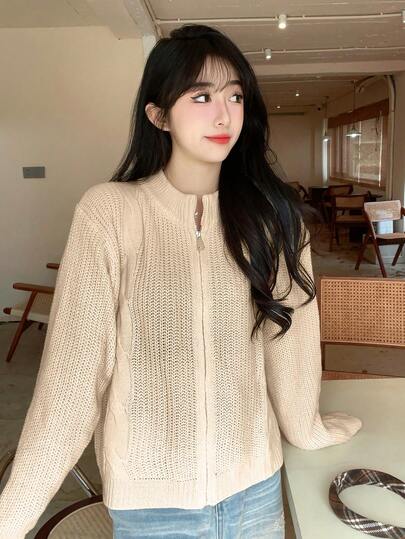Women Solid Color Round Neck Casual Cardigan, Long Sleeve, Autumn/Winter