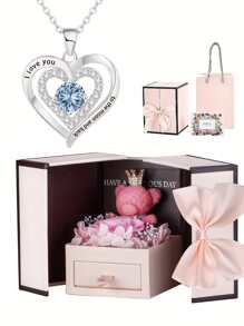 1 件我爱你到月亮和背面心形吊坠项链配粉红玫瑰和熊盒珠宝礼物周年纪念礼物结婚礼物女士情人节