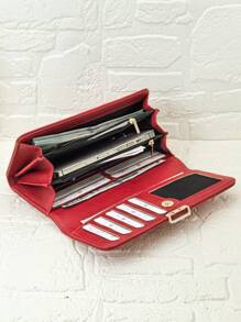 MINGYOU Nueva cartera multifunción de gran capacidad para mujer, cartera de moda clásica con hebilla y solapa, ranuras para múltiples tarjetas, color vino tinto, regalo para mujer, cartera, bolso, cartera larga - Rojo - Ver 3