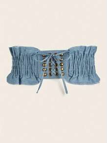 1 szt. Boho Marszczony Denim Pasek w Talii, Vintage Nitowany Pas Cincher Dla Kobiet, Uniwersalny Do Sukienek, Koszuli, Płaszczy, Odpowiedni Na Imprezę, Randki