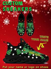 Women's Christmas Custom Logo Custom Name Sneakers, Christmas Tree Designed Name Customization Lightweight Comfortable Soft Bottom Sneakers For Women, Gym Training Breathable Tennis Shoes Christmas Gift For Mom/Dad/Her/Him/Girlfriend/Boyfriend/Wife/Husband/Friend ﻿