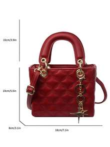 low tea 1 件女士 PU 皮革手提包，时尚迷你钻石绗缝手提包，配有金属双顶部提手、拉链开合、可拆卸可调节肩带，适合日常和外出使用（附估计价格） - 酒紅色 - 查看 2