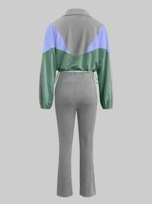 LovelyWholesale Bộ đồ thể thao nữ tay dài cổ bẻ có khóa kéo và dây rút gồm áo croptop và quần dài, thích hợp cho mùa xuân và mùa thu. - Xám - Xem 4