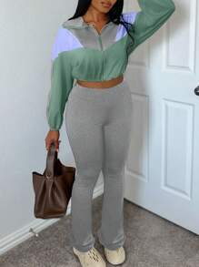 LovelyWholesale Bộ đồ thể thao nữ tay dài cổ bẻ có khóa kéo và dây rút gồm áo croptop và quần dài, thích hợp cho mùa xuân và mùa thu. - Xám - Xem 1