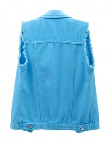 Women's Jean Vest Classic Washed Denim Vest, Sleeveless Solid Color Button Down Jean Jacket - Blue - View 2