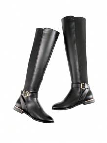 Women 2024 New Knee-High Boots With Metal Buckle Decor Side Zipper Closure, Versatile High Shaft Riding Boots With Round Toe And Chunky Heel For Autumn/Winter - màu đen - Xem 7