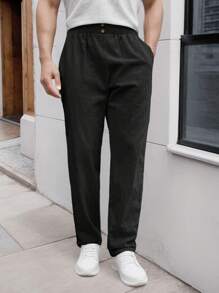 tooluck Men's Solid Color Cotton And Linen Loose Straight Pants Elastic Waistband Casual Pants With Pockets - màu đen - Xem 4