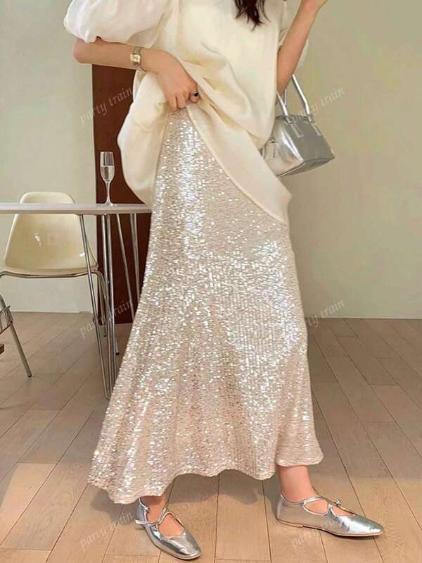 Plus Size Women High Waist Minimalist Sequin Mermaid Hem Skirt, Casual Daily Wear