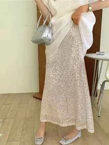 女士高腰极简亮片美人鱼半身裙，休闲日常穿着 - 杏色 - 查看 5