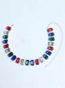 Fashionable Simple Square & Multicolor Rhinestone Necklace, Bride Wedding Dress Accessory For Women