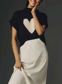 Womens Short Sleeve Sweater Heart Mock Neck Crop Knitted Tops Casual Streetwear For Daily Office Party